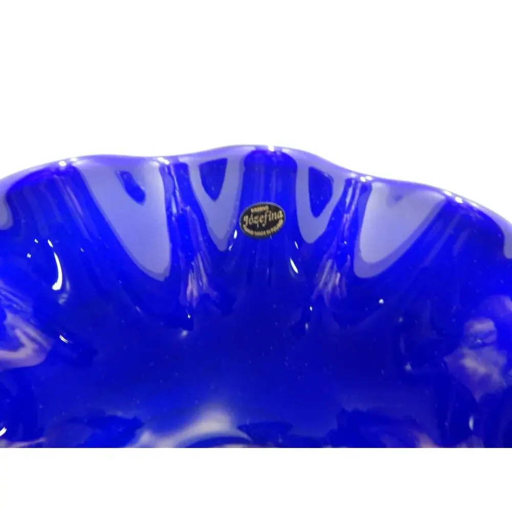 Jozefina Krosno Hand Blown Glass Bowl Blue Gray Black Centerpiece Art